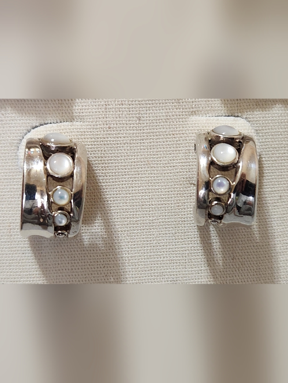 Barse Chunky 925 Sterling Silver Mother of Pearl Modernist Wide Hoop Earrings - Picture 3 of 13